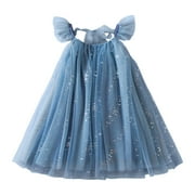 JSCDRPDWL Baby Girl Clothes Toddler Girls Summer Flying Sleeve Lace Up Polka Dot Sequin Mesh Dress Princess Dress Fashion Kids Clothes Blue 2-3 Years